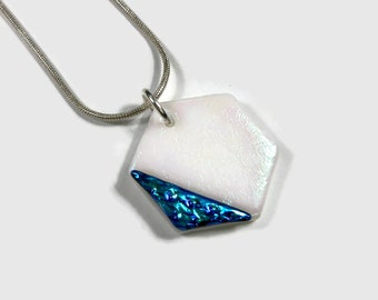 Glass white and blue pendant, geometric necklace, fused glass jewelry, dichroic glass jewelry, hexagon necklace, iridescent pendant