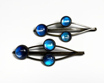 Blue iridescent barrettes real butterfly wing jewelry bronze glass bobby pins gifts for her rhetenor morpho recycled jewelry set of 2