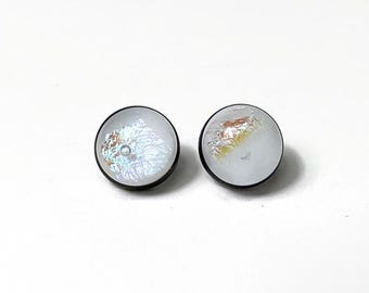 Reflective White Stud Earrings, Fused Dichroic Glass Jewelry, Gifts for Her, Minimalist Round Studs, Hypoallergenic