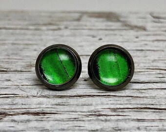 Elegant Green Wing Stud Earrings, Real Butterfly Jewelry, Nature Inspired Gifts for Her, Glass Copper Earrings