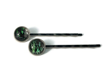 Sunset moth barrettes green and black butterfly hair jewelry glass bobby pins, real moth wing, set of 2, best friend gifts