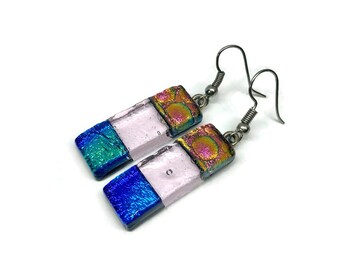 Glass rainbow earrings, dichroic glass jewelry, iridescent earrings, dangle earrings, fused glass earrings, hypoallergenic