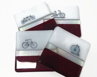 Bike tile coasters, red fused glass drink rest, cruiser bike table decor. unique gifts for her, tandem bike, penny farthing, set of 4