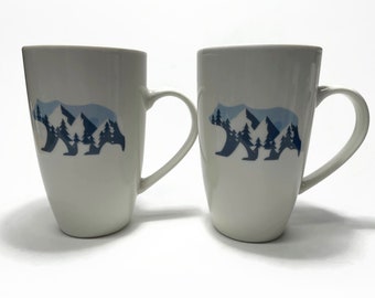 Mug, Bear mug, blue bear, coffee mug, tea mug, wilderness mug, bear home decor, mountain mug, ceramic mug, bear lover gifts, set of two