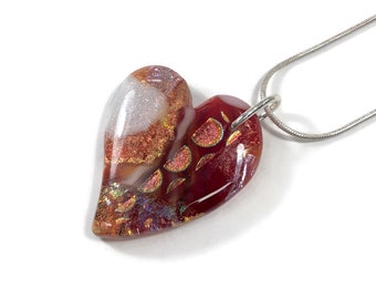 Red heart fused glass pendant dichroic Glass necklace gifts for her iridescent Bohemian pendant chain included