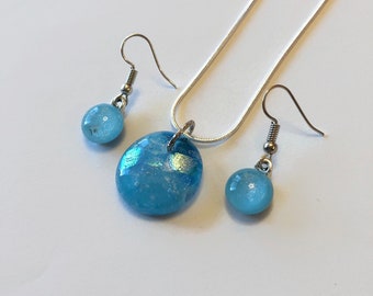Blue glass pendant set, Fused glass jewelry, Iridescent dichroic earrings and necklace, unique gifts for her, chain included