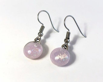 Reflective pink earrings, iridescent dichroic glass jewelry, fused dangle earrings, gifts for her, earrings for mom, hypoallergenic