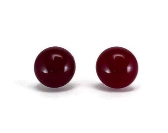 Red dainty round stud earrings, fused glass jewelry, Glass studs, gifts for girlfriend, hypoallergenic, handmade in calgary