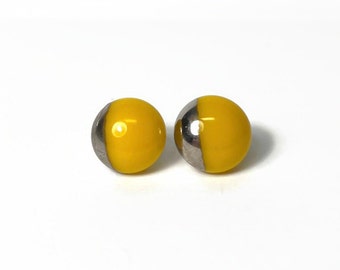 Yellow silver glass earrings, minimalist round studs, fused glass jewelry, unique gifts, hypoallergenic