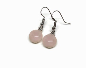 Pink dangle earrings, dangle drop round earrings, fused glass jewelry, gifts for mom, hypoallergenic, unique presents