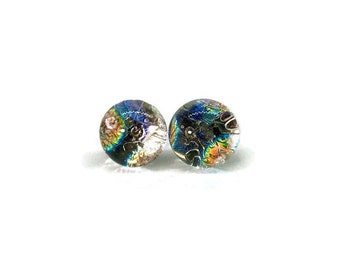Iridescent clear dichroic glass earrings, fused glass jewelry, round earrings, unique gifts for her