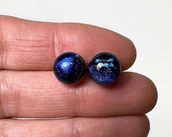 Blue dichroic glass stud earrings, fused glass jewelry gifts for her, minimalist round studs, hypoallergenic