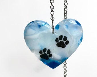 Fused glass sun catcher, paw print sun catcher, blue and white, glass heart, glass window decor, glass ornament