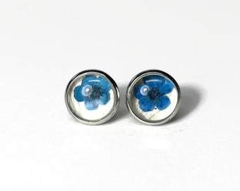 White earrings, blue flower studs, butterfly wing jewelry, unique gifts for mom, hypoallergenic, 12mm