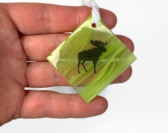 Green fused glass moose ornament, window hanging, unique gifts for him, glass tree decoration, Christmas ornament, housewarming presents