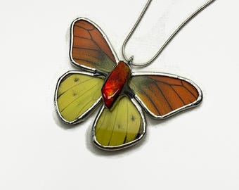 Handcrafted Butterfly Ammolite Pendant, Real Wing Jewelry, Nature Inspired Gifts for Her, Stained Glass Necklace
