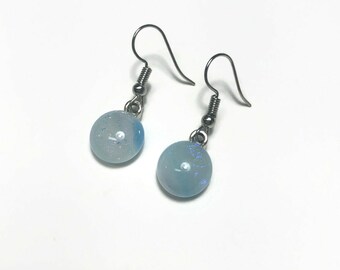 Blue white fused glass dangle earrings, dichroic jewelry, unique gifts for her, handmade in Canada, hypoallergenic