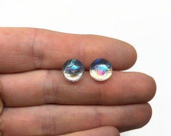 Earrings, Rainbow studs, fused Glass earrings, glass jewelry, round studs, sparkle earrings, dichroic glass studs, minimalist jewelry