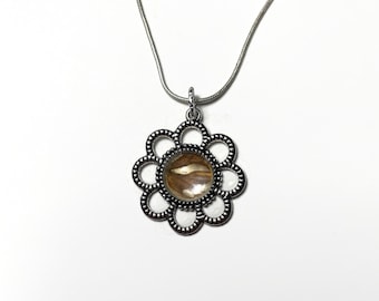 Silver brown pendant, real butterfly wing jewelry, unique gifts for her, iridescent glass flower necklace, chain included