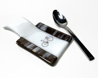 Road bike spoon rest, brown fused glass utensil holder, bike plate dish, gifts for friends, kitchen decor, housewarming present
