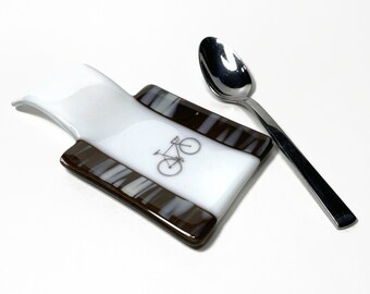 Road bike glass spoon rest, brown fused glass utensil holder, bike plate dish, gifts for friends, kitchen decor, housewarming present