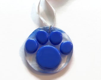 Blue paw fused glass ornament, pet print decoration, animal tree decoration, gifts for mom, animal home decor, housewarming presents