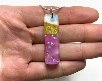 Iridescent pink gold dichroic glass pendant, handmade rectangle pendant, fused glass jewelry, unique gifts for her, chain included