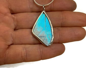 Butterfly pendant, blue necklace, blue morpho Butterfly, recycled pendant, insect jewelry, Stained glass butterfly, butterfly taxidermy
