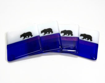 Transparent royal blue coasters, fused glass bear drink rests, handmade coffee table decor, gifts for him, wildlife art, housewarming gifts