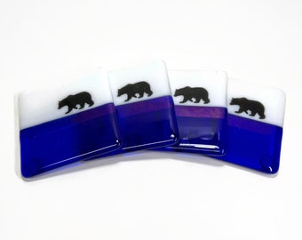 Blue bear coaster set, fused glass drink rest, handmade coffee table decor, gifts for him, wildlife art, housewarming gifts