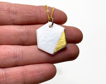 White gold hexagon fused glass pendant geometric jewelry gifts for her chain included minimalist necklace unique presents