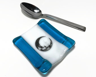 Celestial Blue Spoon Rest, Handmade in Canada, Fused Glass Kitchen Decor, Unique Gift for Her