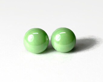 Handcrafted Iridescent Green Stud Earrings - Elegant Gifts for Her, Artisan Fused Glass Jewelry