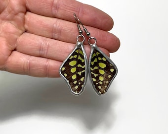 Green black earrings real butterfly wing jewelry stained glass dangle earrings gifts for mom hypoallergenic handcrafted unique presents