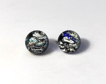 Silver black earrings fused glass jewelry gifts for her dichroic glass round minimalist studs bridal jewelry hypoallergenic 9mm