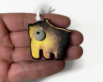 Iridescent fused glass bear ornament, unique teacher gifts, Christmas tree decoration, one-of-a-kind presents