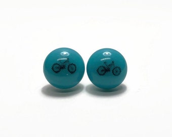 Mountain bike stud earrings, turquoise blue round studs, fused glass jewelry, unique gifts for her, 10mm, hypoallergenic