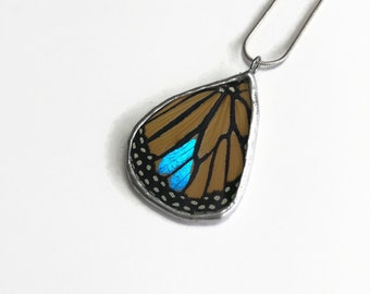 Handmade Butterfly Pendant Gift, Iridescent Blue Heart Necklace for Her, Real Monarch Morpho Butterfly Jewelry