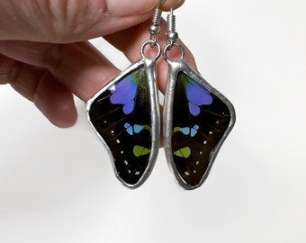 Purple black earrings, real butterfly wing jewelry, unique gifts for her, Stained glass dangle earrings, hypoallergenic, presents for mom