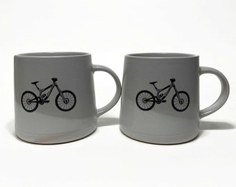 Gray white coffee cups Mountain Bike cycling mugs set of two bike lover gifts bike home decor bike enthusiast unique presents