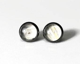 White round stud earrings, real butterfly wing jewelry, minimalist insect glass studs, gun metal, unique gifts for her, hypoallergenic