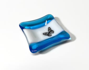 Blue butterfly fused glass plate, nature ring dish, trinket tray, unique gifts for her, tea bag saver, housewarming presents