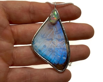 Real Blue Morpho Butterfly Wing Pendant, Iridescent Insect Jewelry, Ethiopian Opal Necklace, Gifts for Her
