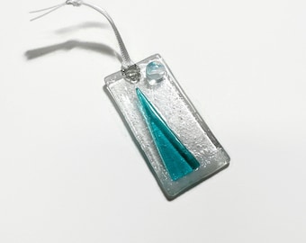 Fused Glass Christmas Tree Ornament: Iridescent Blue Green Winter Decor