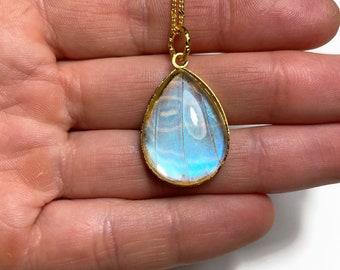Iridescent Necklace, blue, butterfly jewelry, glass pendant, blue necklace, Real butterfly wing, blue morpho butterfly, gold pendant