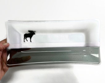 Handmade Moose Fused Glass Plate, Ideal Gift for Her, Nature Inspired Serving Dish, Handmade Mountain Trinket Tray