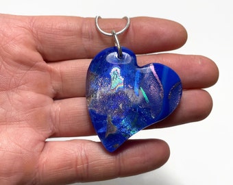 Handcrafted Blue Glass Heart Necklace, Unique Fused Glass Pendant, Iridescent Jewelry