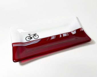 Road bike fused glass plate, red serving dish, trinket tray, unique gifts for him, bike decor, bike enthusiast, housewarming presents