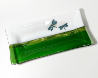 Handmade Dragonfly Fused Glass Plate, Ideal Gift for Her, Nature Inspired Serving Dish, Green Trinket Tray, Artisan Made Spoon Rest