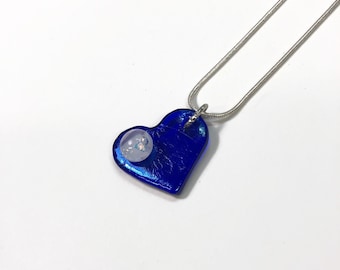 Blue iridescent heart pendant, fused dichroic glass jewelry, statement necklace, unique gifts for her, chain included